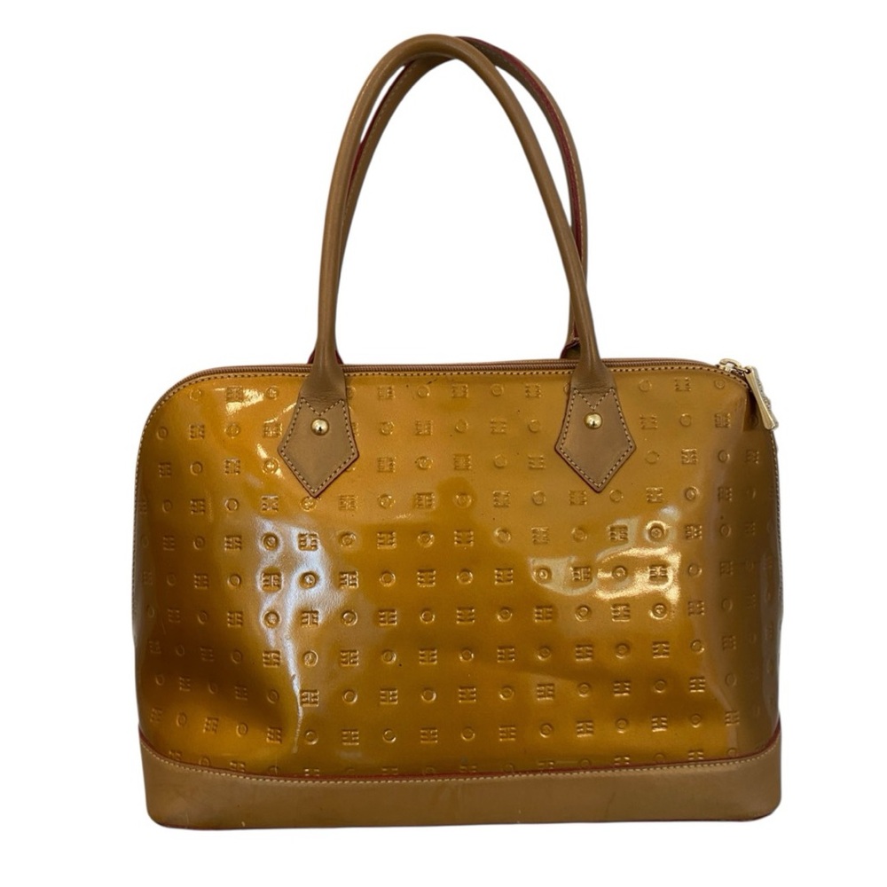 Arcadia Womens Gold Patent Leather Satchel Purse